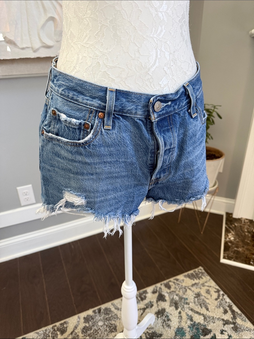 Levi's Premium 501 Original Distressed High Rise Denim Cutoff Shorts Luxor Level